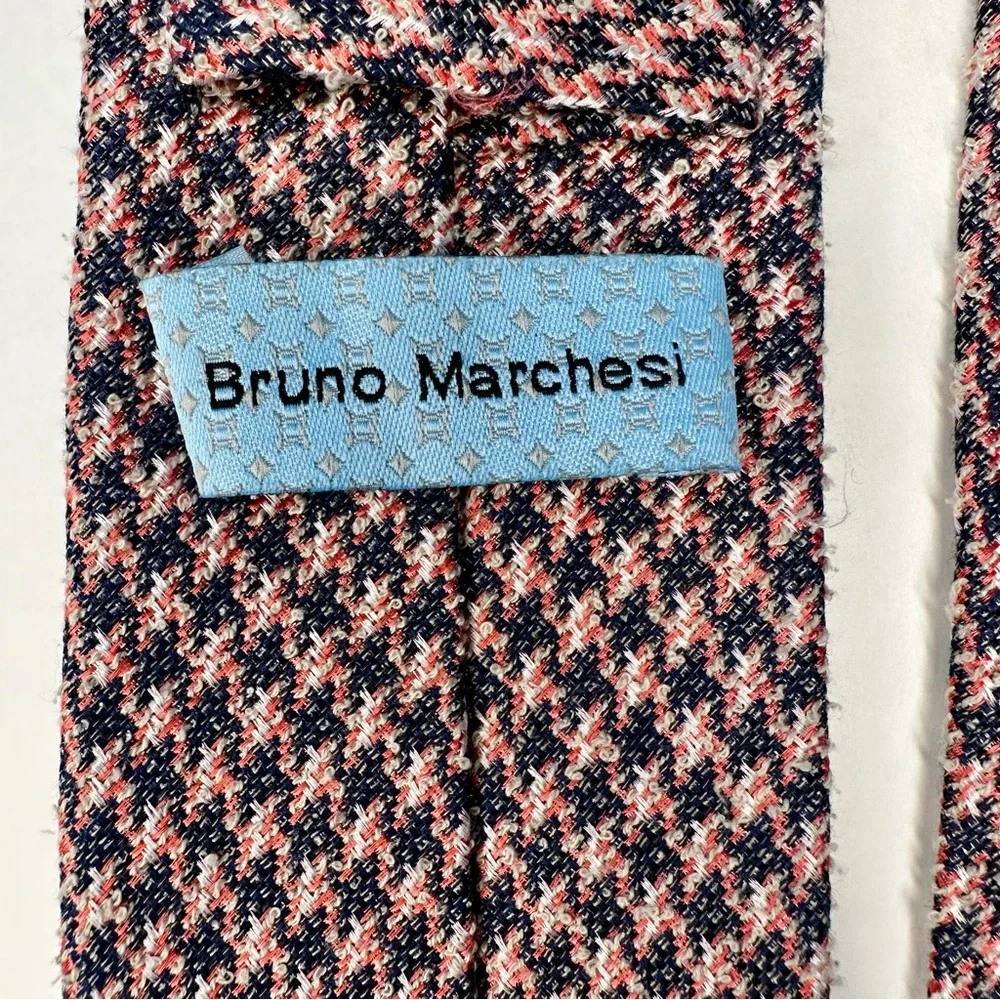 BRUNO MARCHESI Silk Cotton Textured Navy & Pink Houndstooth Classic Tie, 3”